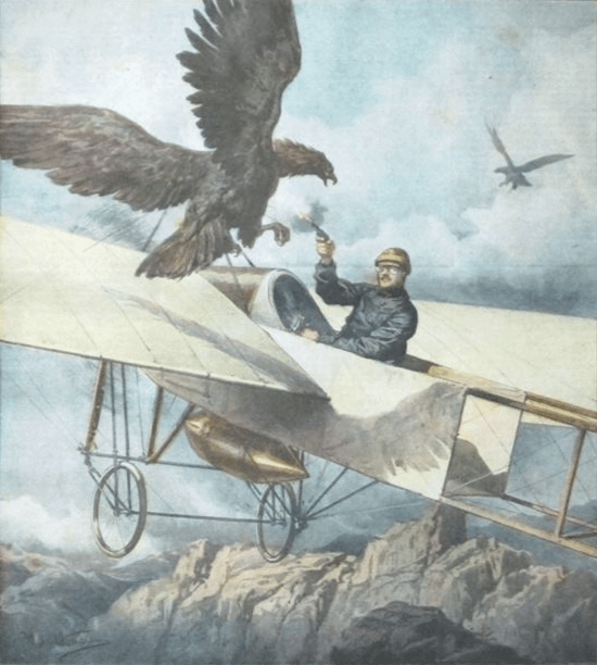 Eugene Gilbert in Bleriot XI attacked by an eagle in 1911