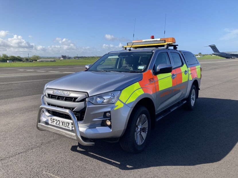 Silver airside operations ISUZU vehicle on runway at Prestwick Airfield.