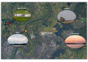 Graphic depicting map with four highlights golf course, landfill, river, reservoir