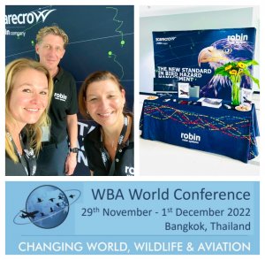 Three-image gallery showing World Birdstrike Conference 2022 team, stand and graphic.