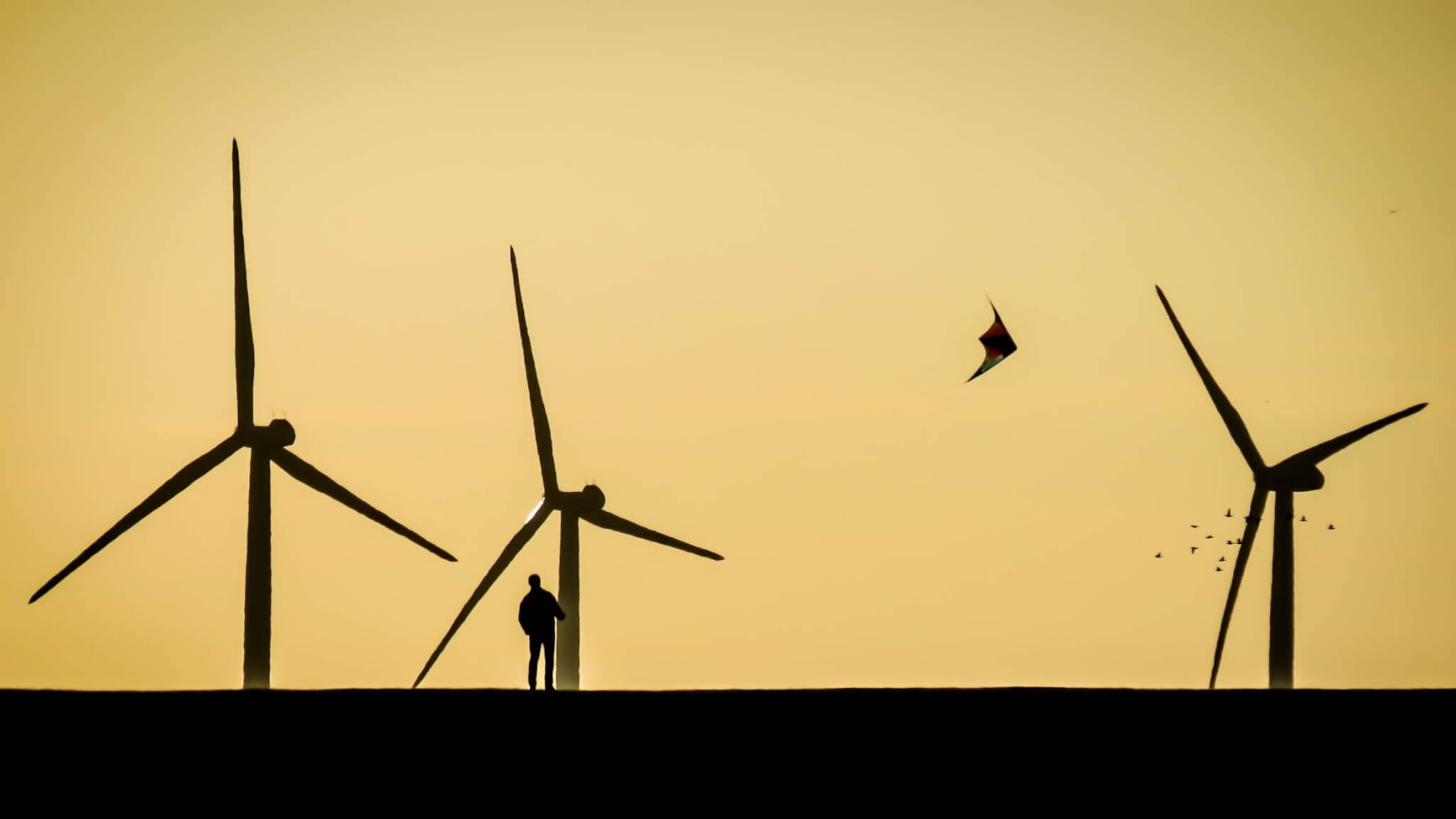 Three wind turbines silhouetted on the horizon as a man flies a kite.